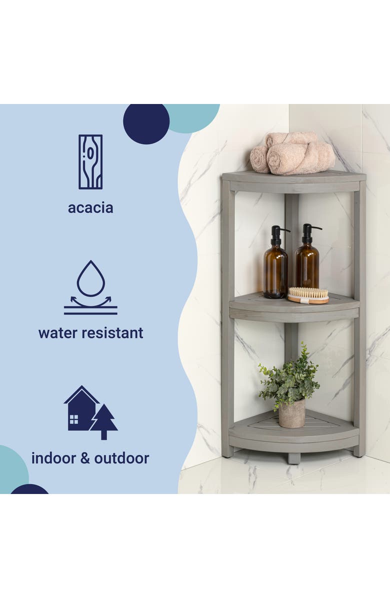 HAPPIMESS Sela 33" Classic Minimalist 3-Tier Acacia Wood Freestanding Bathroom Corner Shelf, Alternate, color, Gray