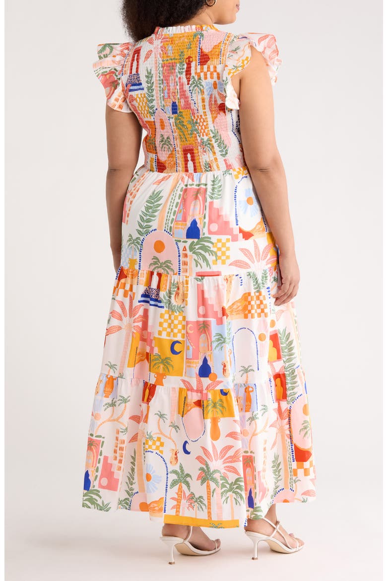 Petrolia Town Sunfire Smocked Bodice Tiered Cotton Midi Dress, Alternate, color, ORANGE-PINK-WHITE