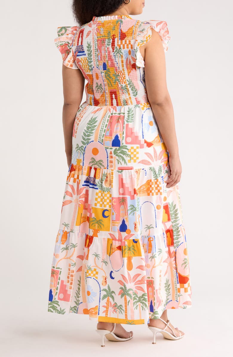 SUGARLIPS Petrolia Town Sunfire Smocked Bodice Tiered Cotton Midi Dress, Alternate, color, Orange-Pink-White