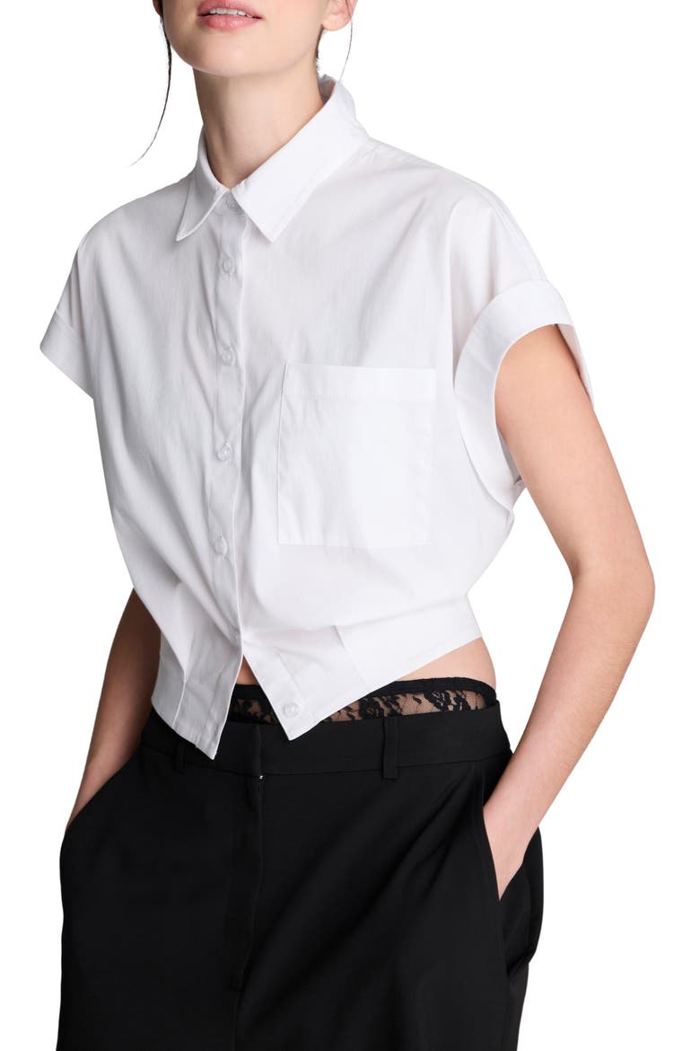 Cap Sleeve Crop Button-Up Shirt, Main, color, PURE WHITE