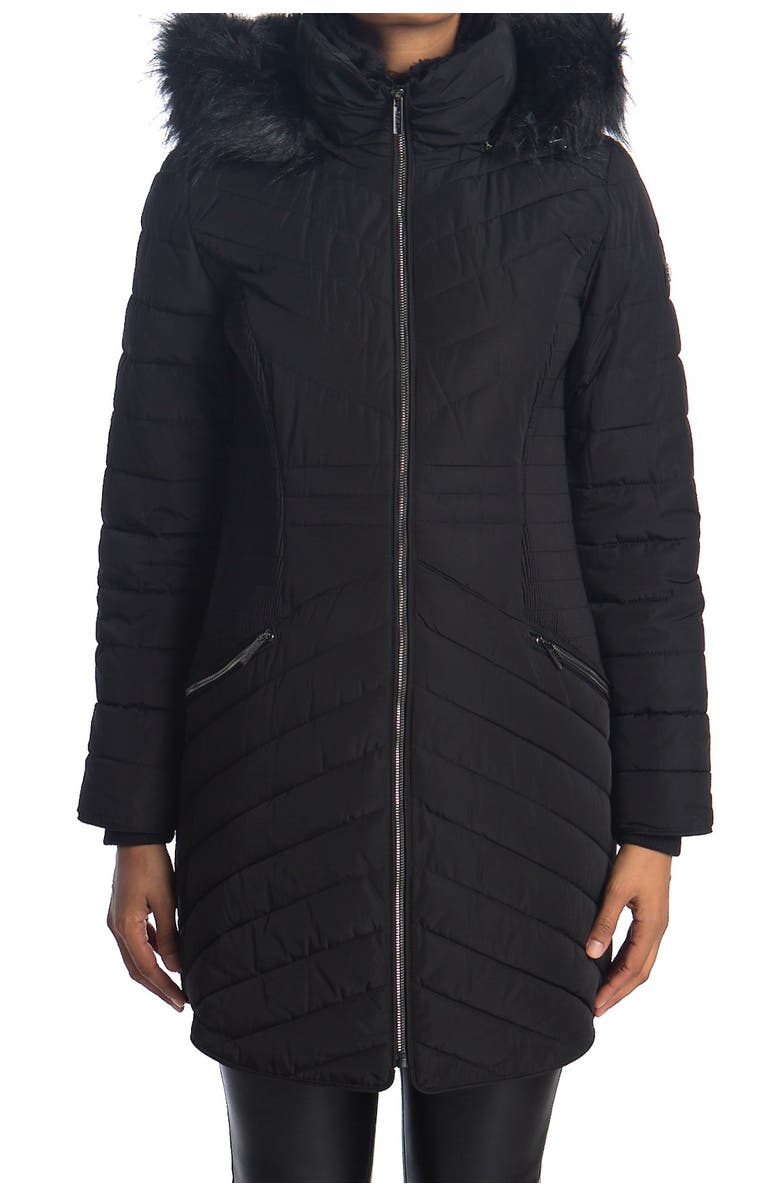DKNY Zip Front Faux Fur Trim Puffer Jacket, Alternate, color, 