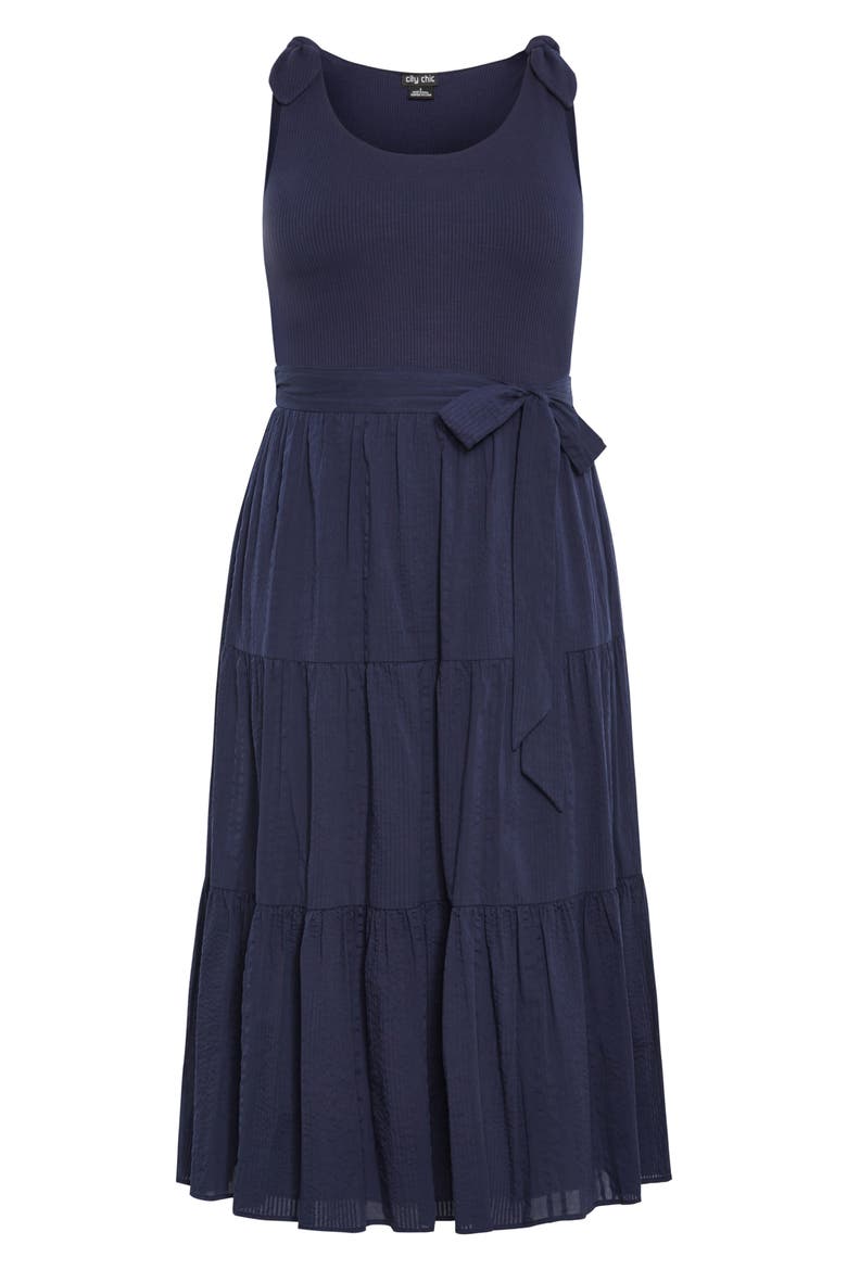 Hallie Mixed Media Tiered Midi Dress, Alternate, color, NAVY