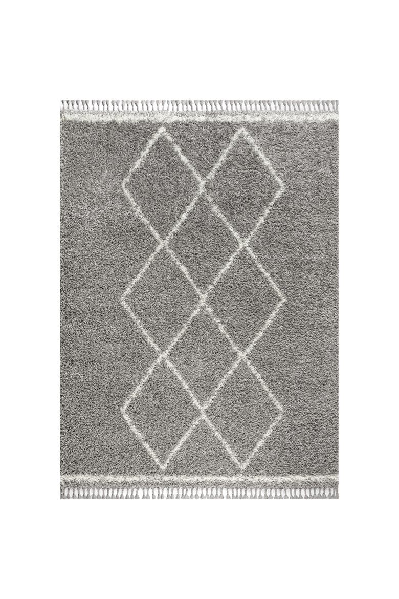 Mercer Shag Plush Tassel Moroccan  Geometric Trellis Denim Area Rug, Main, color, Gray/Cream