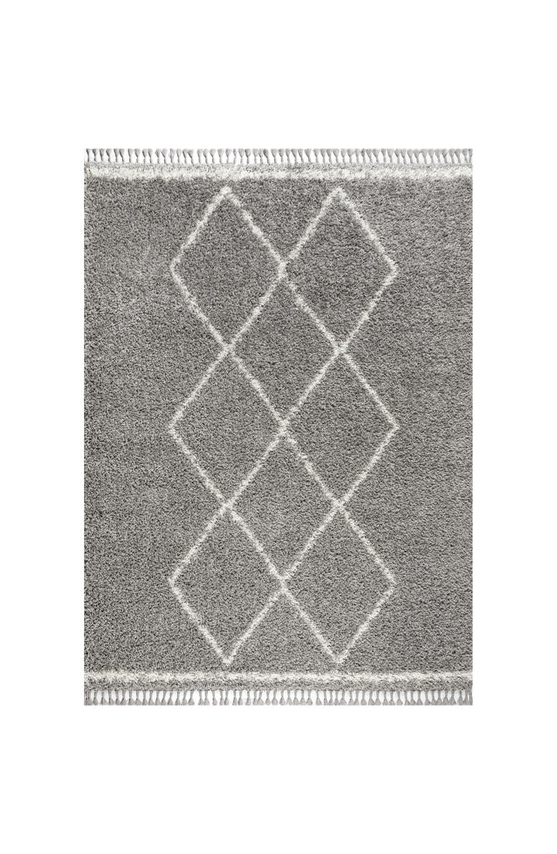 JONATHAN Y Mercer Shag Plush Tassel Moroccan  Geometric Trellis Denim Area Rug, Main, color, Gray/Cream