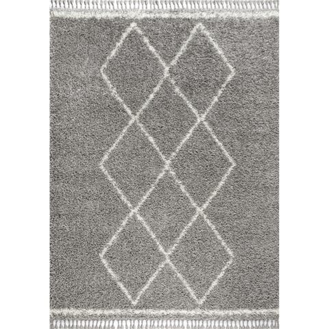 Mercer Shag Plush Tassel Moroccan  Geometric Trellis Denim Area Rug