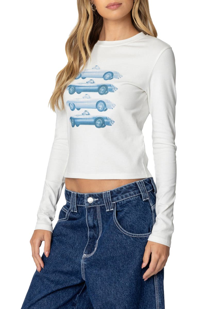 EDIKTED Car Club Long Sleeve Graphic T-Shirt, Alternate, color, White