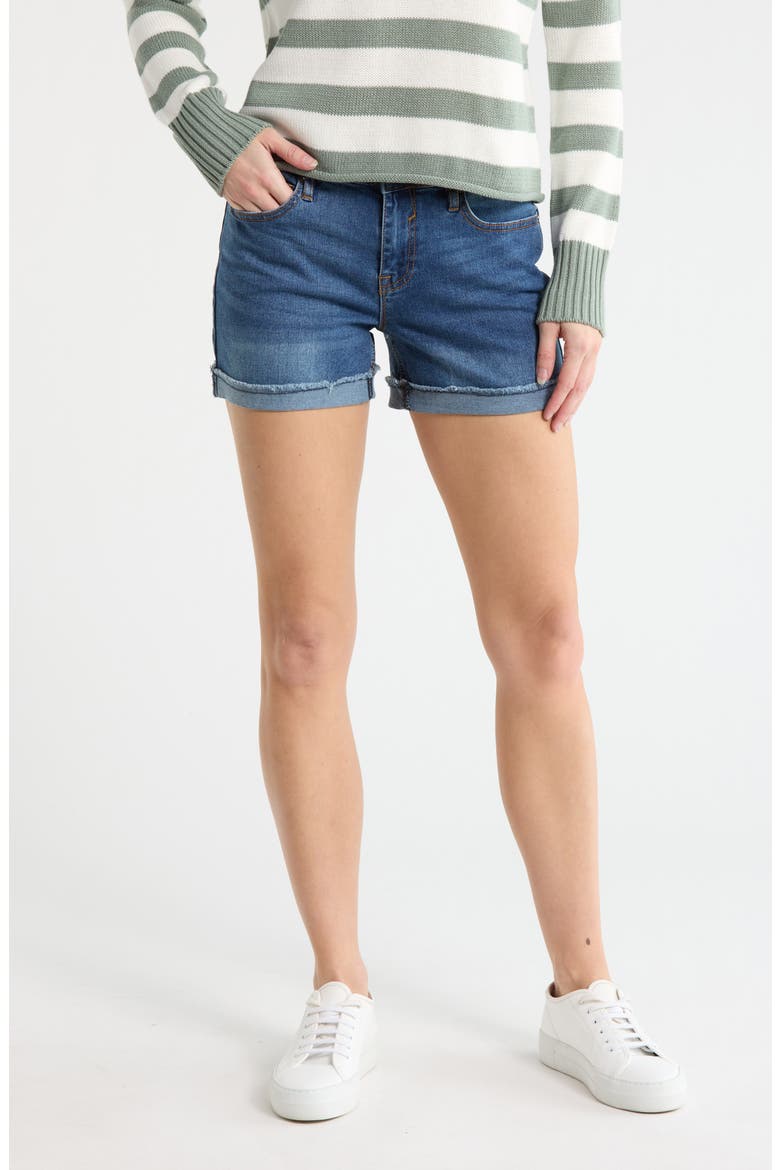 Cuffed Mid Rise Denim Shorts, Main, color, DARK WASH