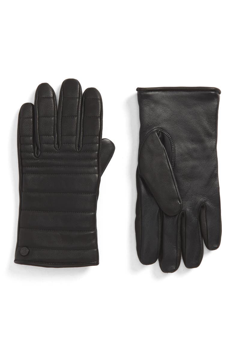 Quilted Leather Gloves with Faux Fur Lining, Main, color, BLACK