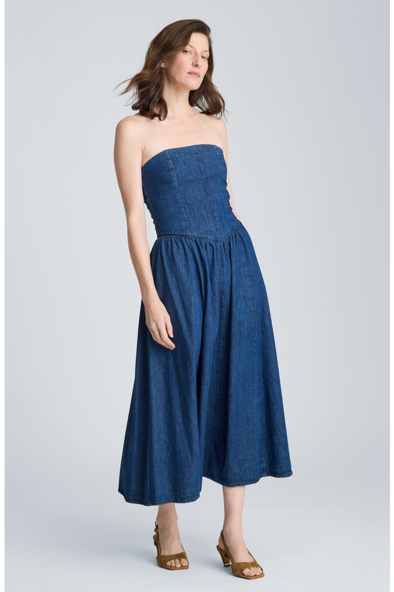 Bustier Strapless Denim Maxi Dress, Alternate, color, ARIES WASH