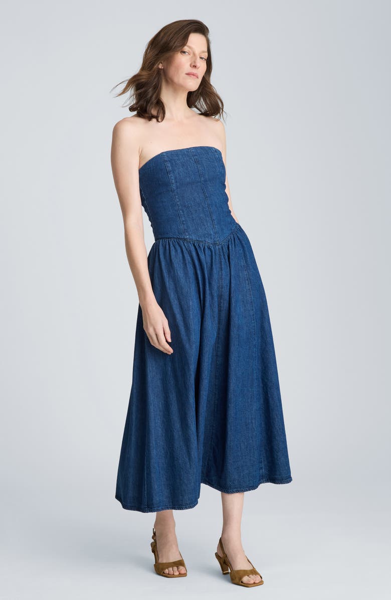 Kenneth Cole Bustier Strapless Denim Maxi Dress, Alternate, color, Aries Wash