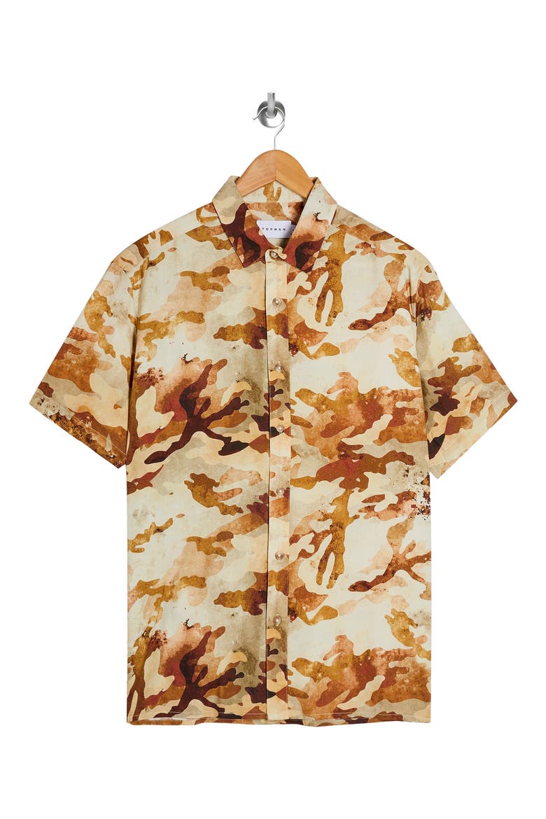 Slim Fit Camouflage Print Short-Sleeve Shirt, Alternate, color, GREEN