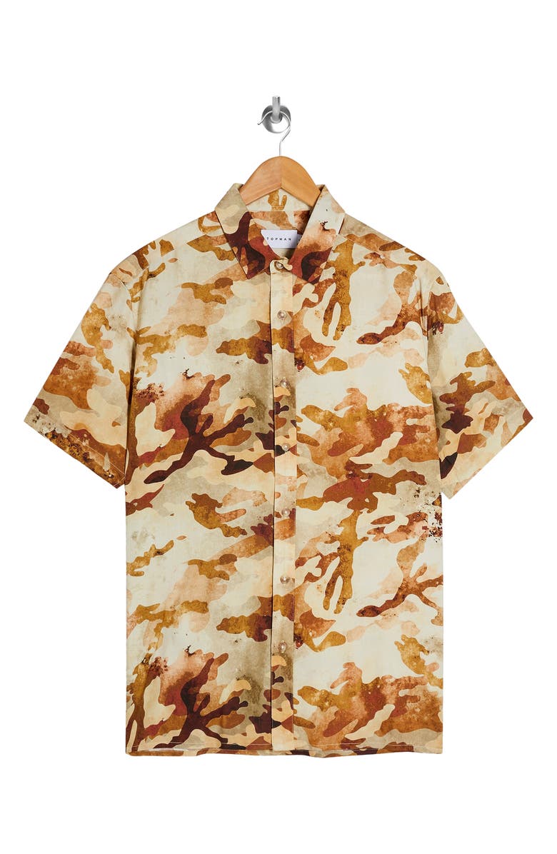 Topman Slim Fit Camouflage Print Short-Sleeve Shirt, Alternate, color,