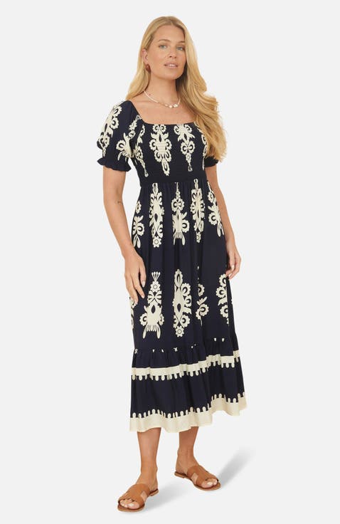 Block Print Viscose Ruched Midi Dress