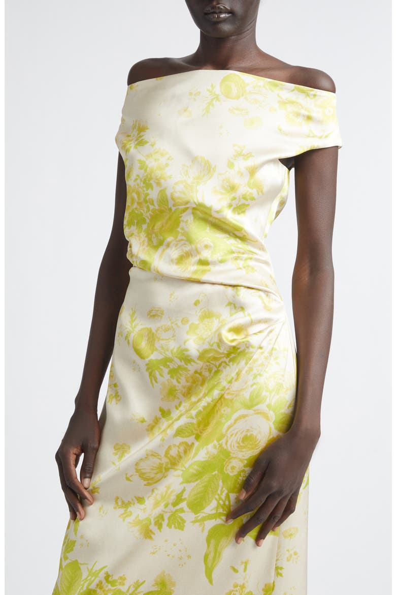 Floral Print Duchesse Satin Off the Shoulder Gown, Alternate, color, ROSE BOUQUET CHARTREUSE