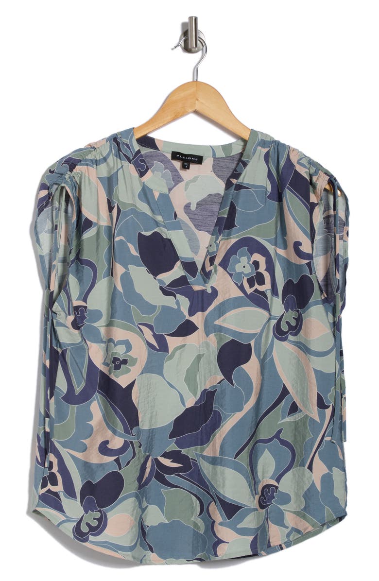 Pleione Crinkle Tie Shoulder Top, Alternate, color, Navy/ Seafoam Abstract Floral