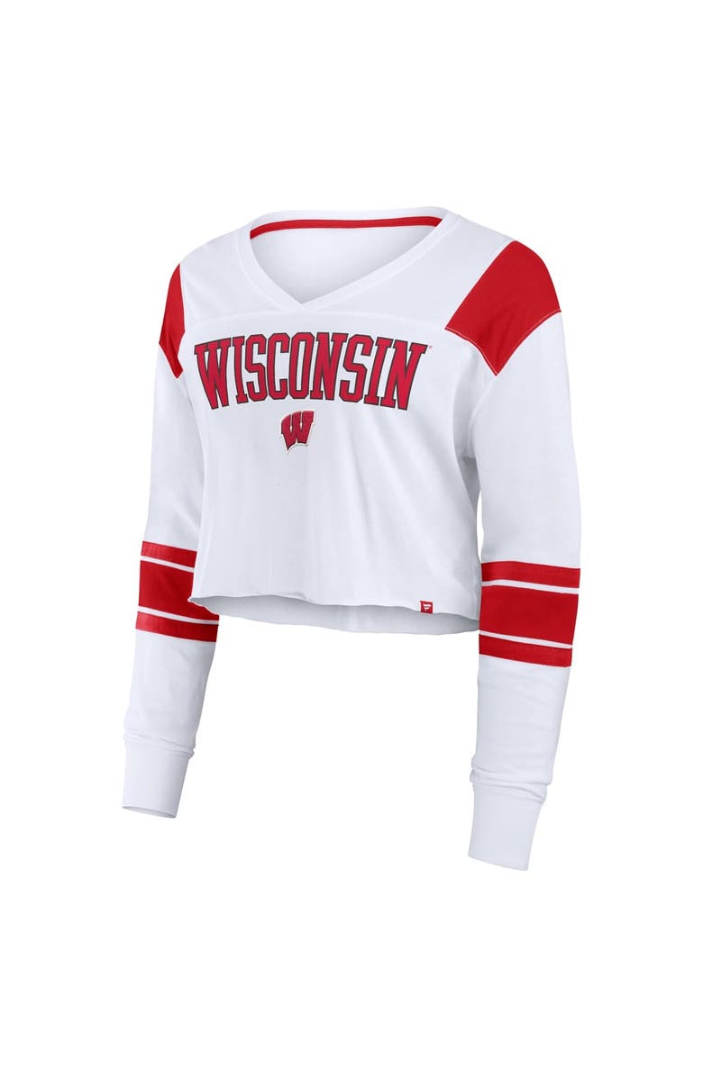 FANATICS Women's Fanatics White Wisconsin Badgers Training Camp Cropped Long Sleeve V-Neck Fashion Top, Alternate, color, White