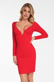 Popilush Shapewear Lace Trim V-Neck Long Sleeve Bodycon Mini Dress