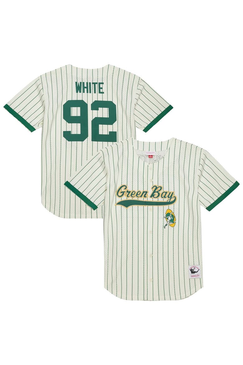 Men's Mitchell & Ness Reggie White Cream Green Bay Packers Name & Number Mesh Button-Up Baseball Jersey, Main, color, Cream