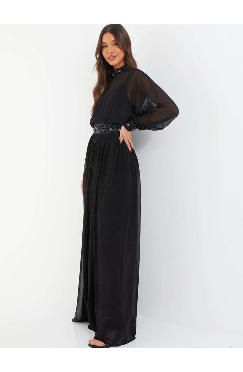 QUIZ Chiffon Sequin Trim Evening Dress, Alternate, color, Black