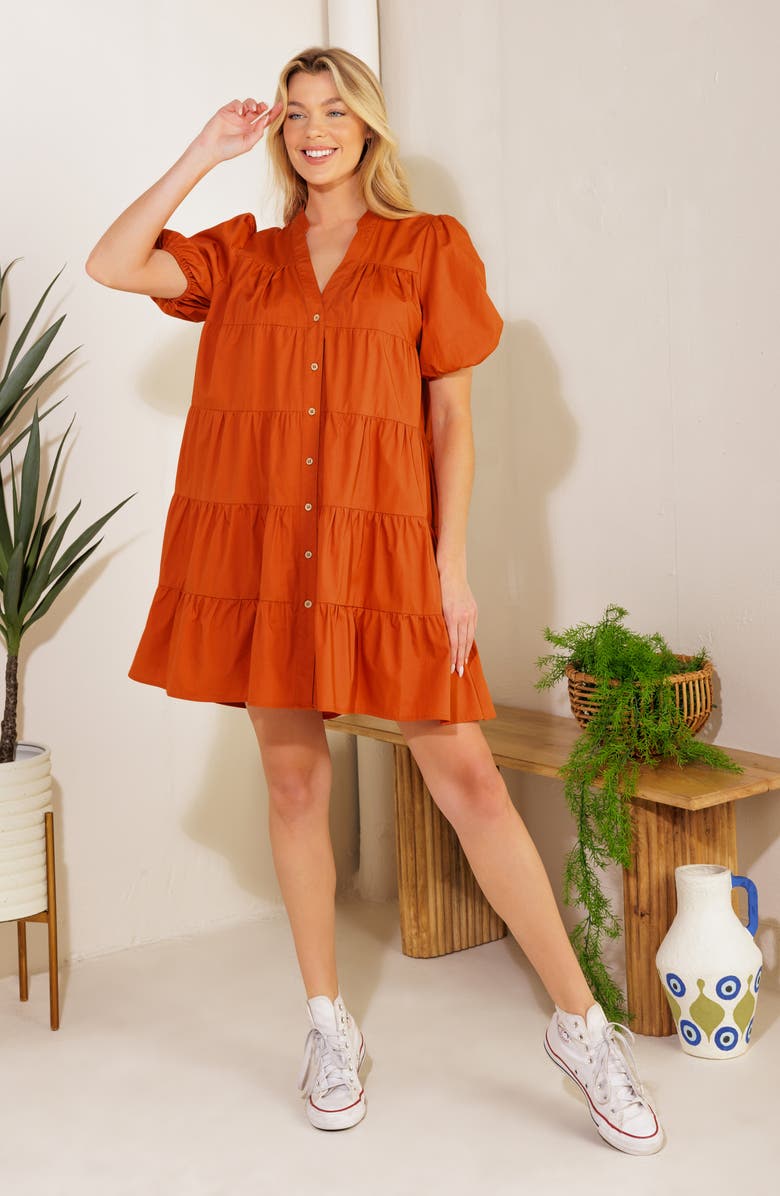 FLYING TOMATO Puff Sleeve Tiered Minidress, Alternate, color, Rust