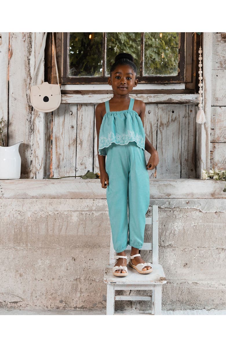 Deux par Deux Little Girl's Chambray Jumpsuit With Embroidery Light Blue, Alternate, color,