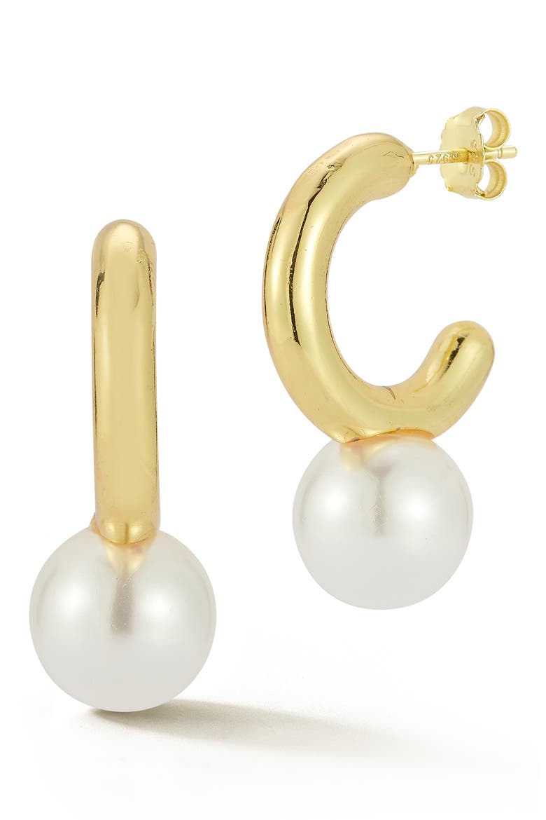 Faux Pearl Drop Hoop Earrings, Main, color, GOLD
