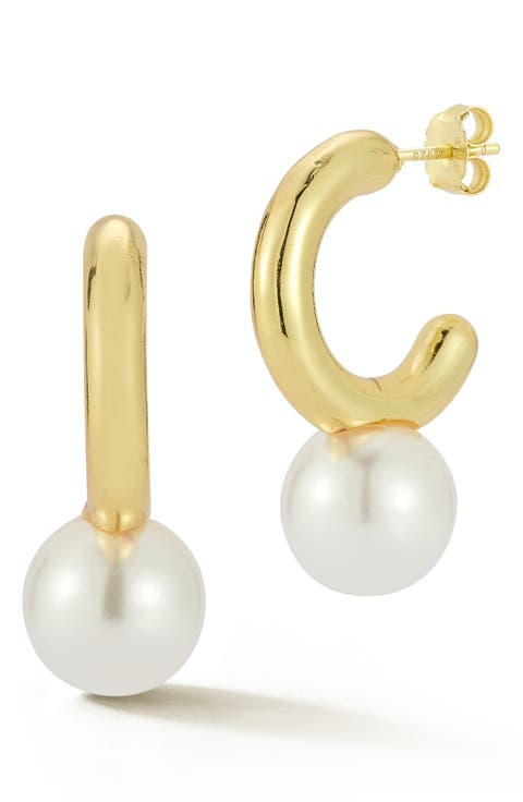 Faux Pearl Drop Hoop Earrings
