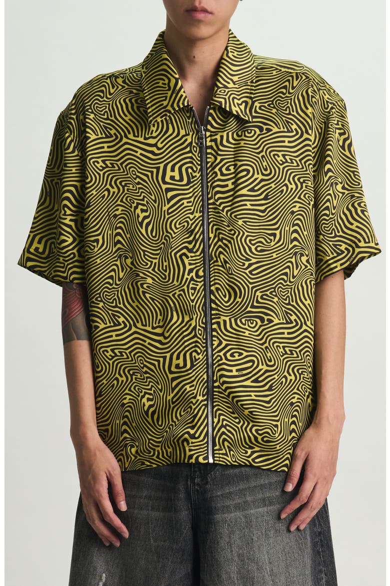 Zeno Topography Short Sleeve Zip-Up Shirt, Main, color, BLACK TOPOGRAPHY