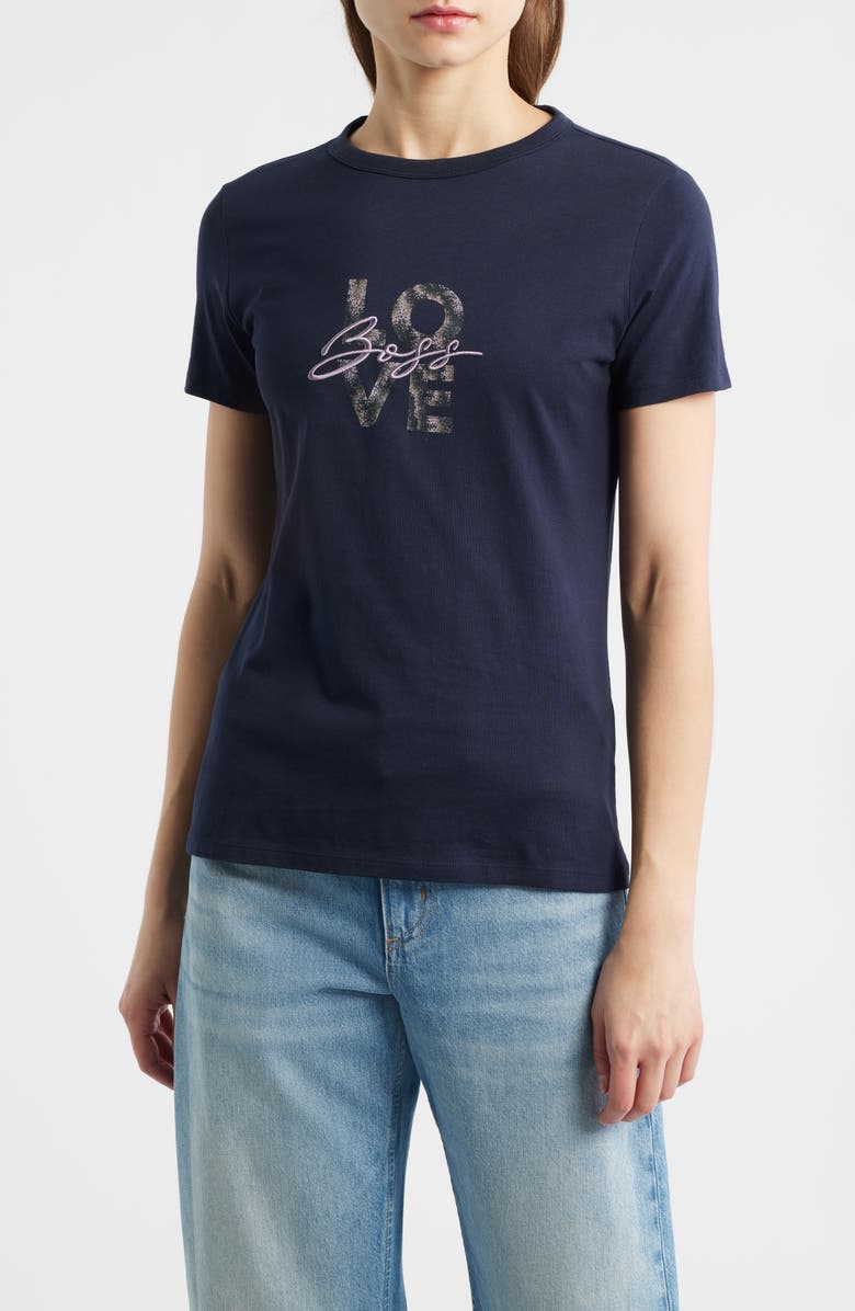 BOSS Orange Logo Embroidered Cotton Graphic T-Shirt, Main, color, Dark Blue