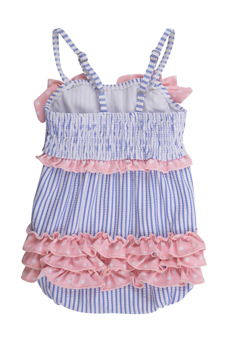UPF50+ Seersucker One Piece Bow Bubble Romper Swimsuit, Alternate, color, Periwinkle Blue Seersucker