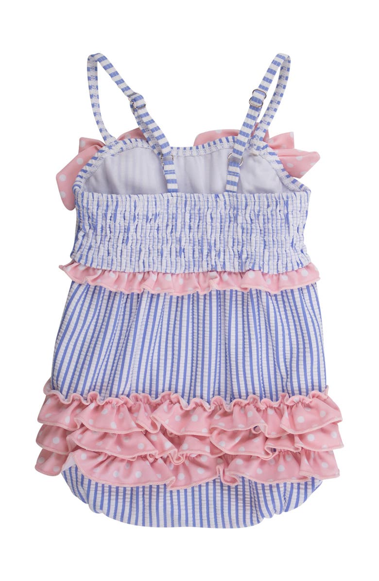 RuffleButts UPF50+ Seersucker One Piece Bow Bubble Romper Swimsuit, Alternate, color, Periwinkle Blue Seersucker