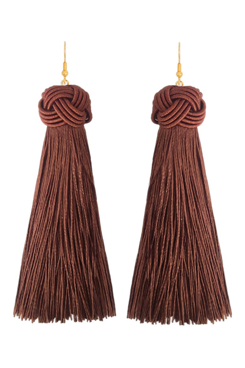 Knotted Fringe Drop Earrings, Main, color, BROWN