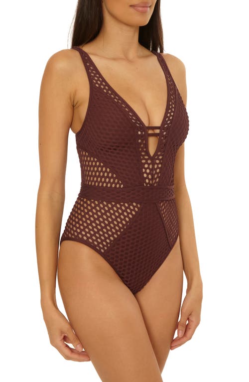 Shop Becca Castaway Fishnet Plunge One-piece Swimsuit In Brown