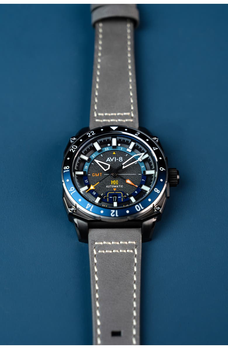 AVI-8 Hawker Hunter Atlas GMT Movement Leather Strap Watch, 44mm, Alternate, color, Grey