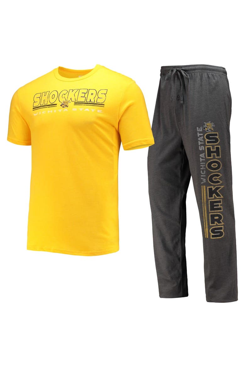 Men's Concepts Sport Heathered Charcoal/Yellow Wichita State Shockers Meter T-Shirt & Pants Sleep Set, Alternate, color, Heather Charcoal
