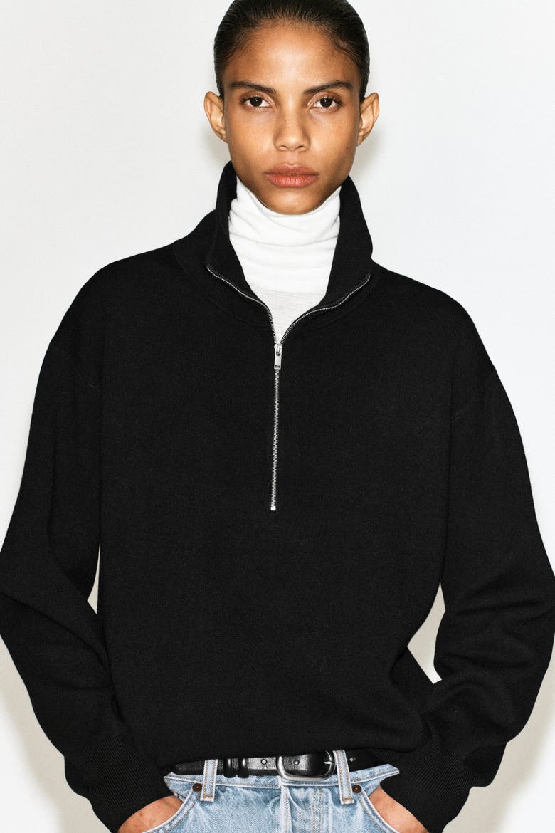 Mock-neck Half-zip Knitted Sweater, Alternate, color, BLACK