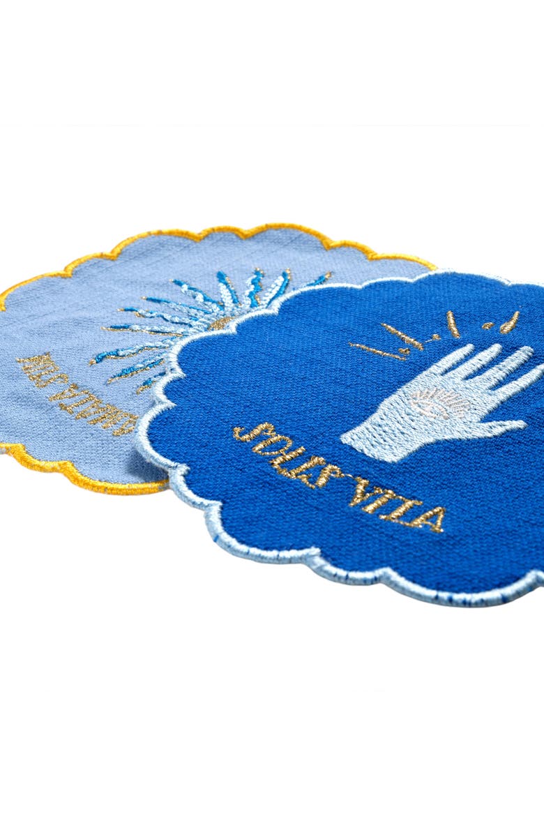 Nilufer 4 Pcs Digital Printed Overlocked Embroidered 100% Cotton Coaster Set, Alternate, color, Blue