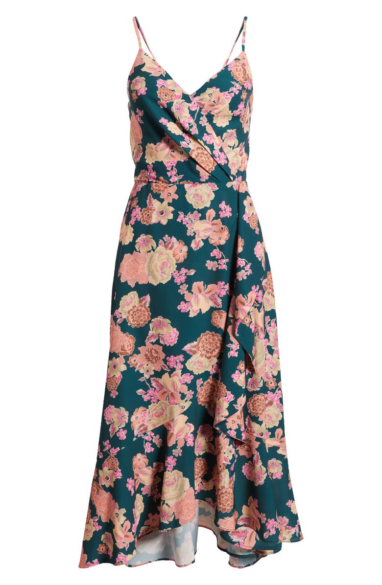 Chelsea28 Faux Wrap Midi Dress, Alternate, color, Green- Coral Paradise Floral