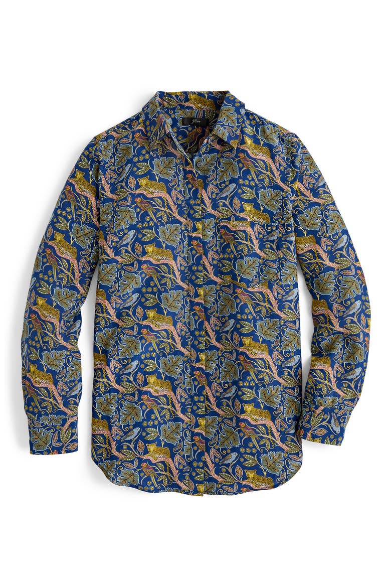 Botanical Cheetah Print Button-Up Silk Shirt, Alternate, color, NAVY LEOPARD