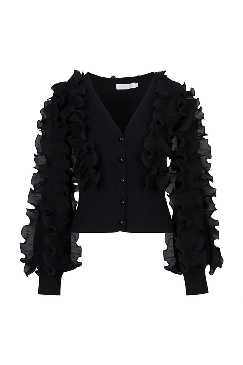 Women's  Ciline Black Long Sleeve Ruffle Cardigan, Main, color, Black