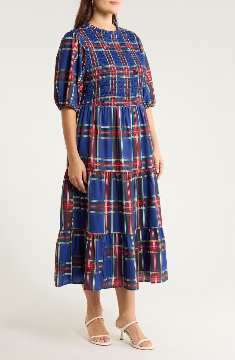 SUGARLIPS Lakeview Plaid Smocked Tiered Maxi Dress, Alternate, color, Navy-Plaid