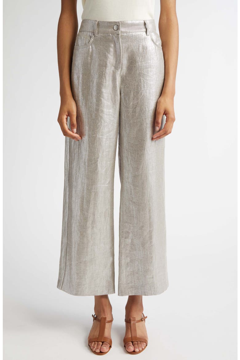 Malika Metallic Coated Linen Wide Leg Pants, Main, color, SILVER