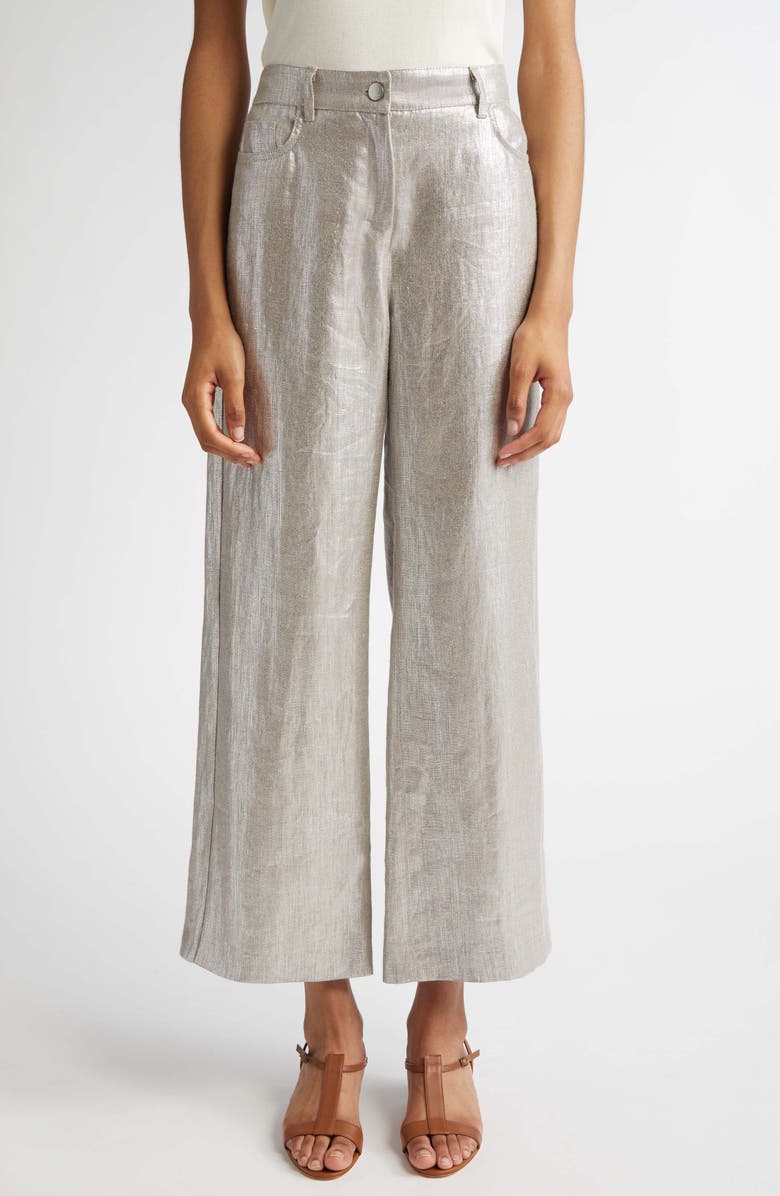 Max Mara Malika Metallic Coated Linen Wide Leg Pants, Main, color,