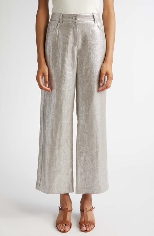 Max Mara Malika Metallic Coated Linen Wide Leg Pants In Silver