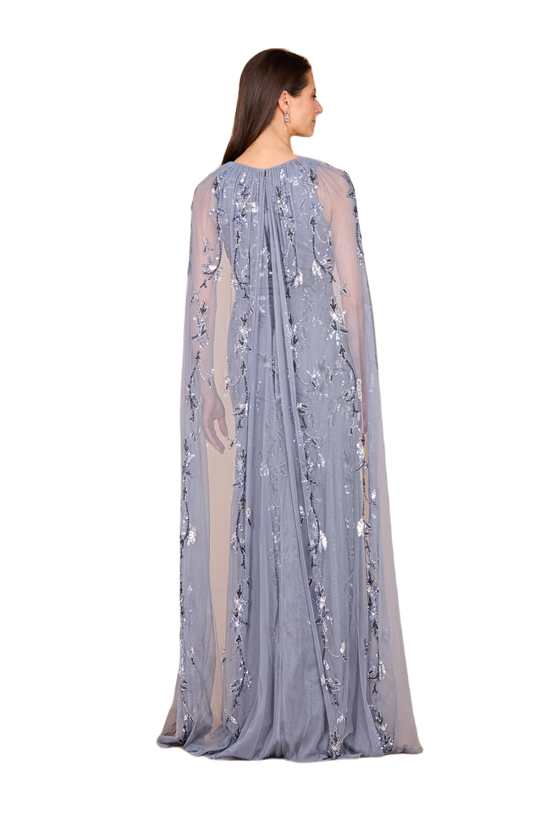 Mermaid Beaded Dress with Long Cape, Alternate, color, DustyPeriwinkle