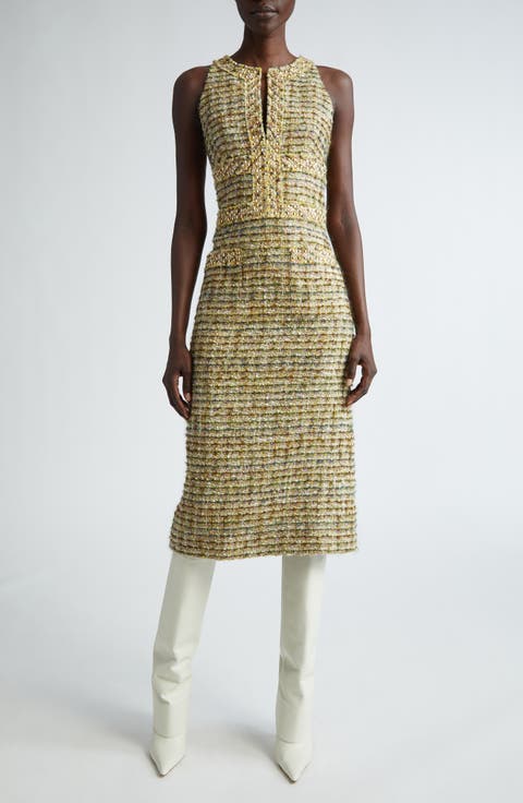 Sleeveless Metallic Tweed Sheath Dress