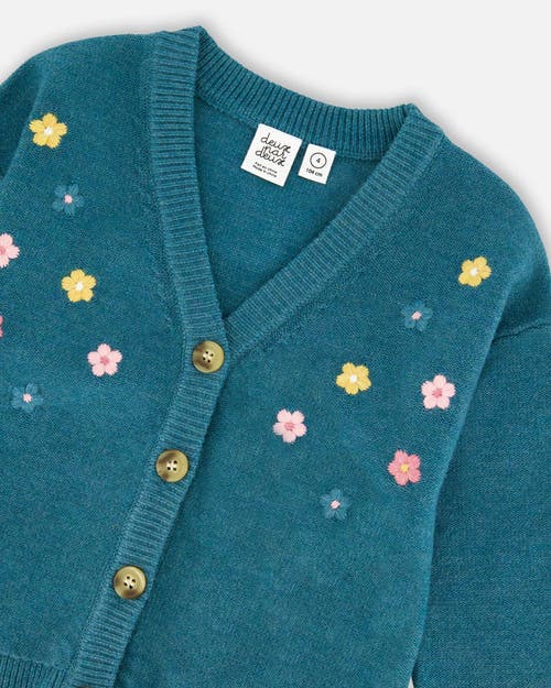 Deux Par Deux Knitted Cardigan With Flower Embroidery In Blue