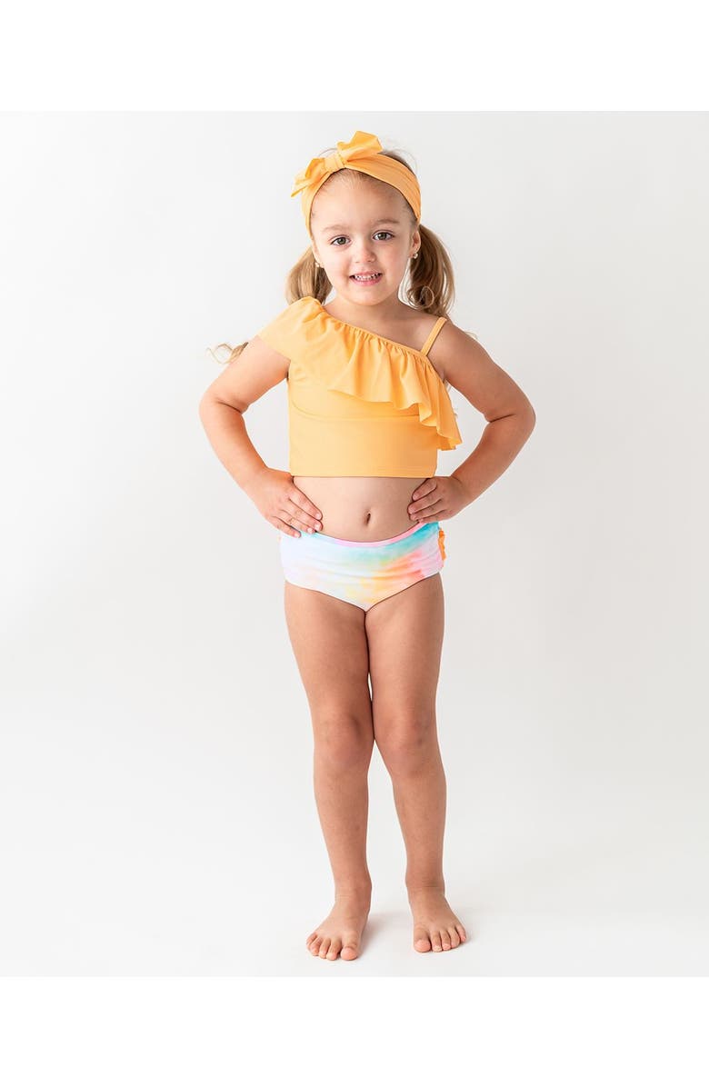 RuffleButts Girls One Shoulder Ruffle UPF50+ Tankini, Alternate, color, Rainbow Watercolor