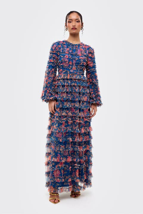 Modest Floral Ruffle Maxi Dress