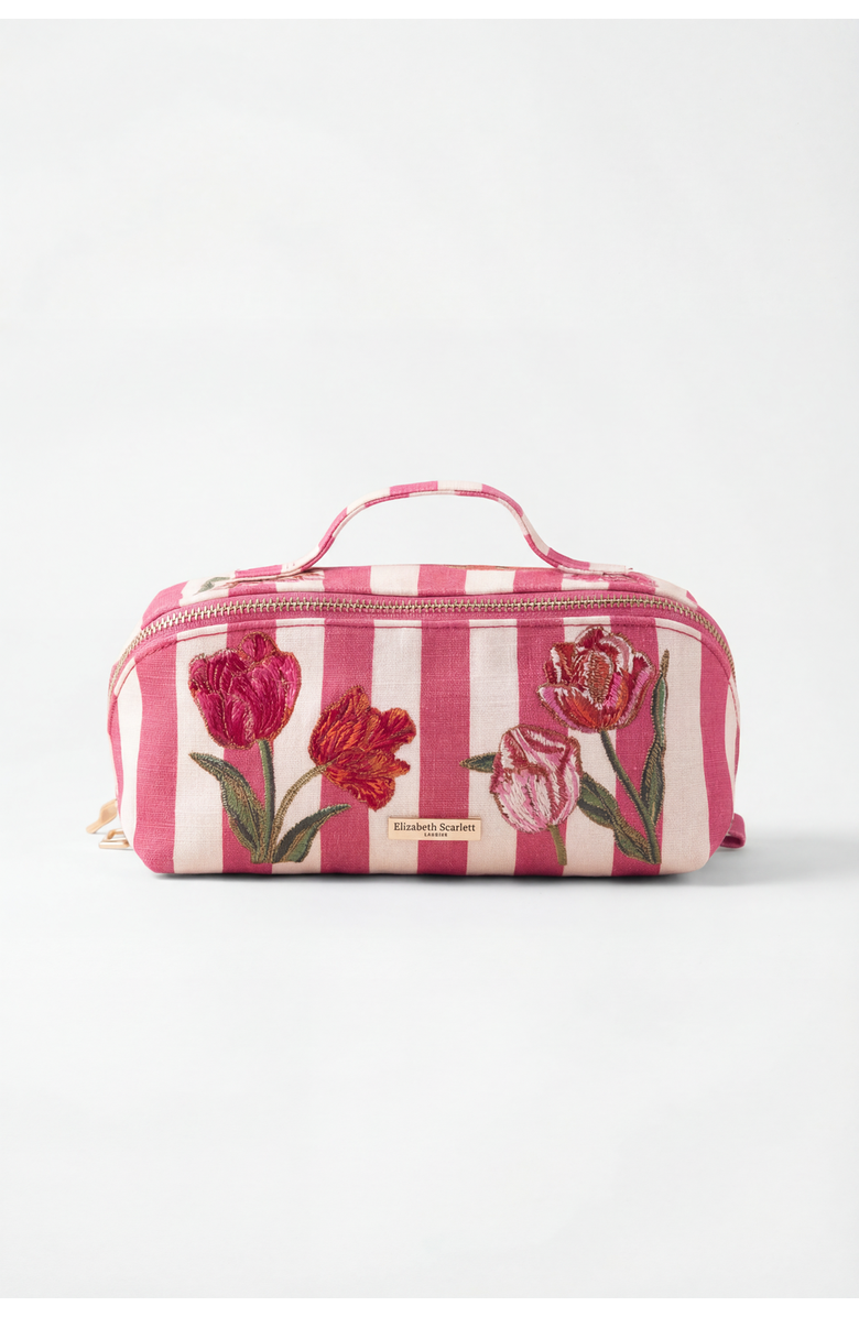Elizabeth Scarlett Tulip Stripe Cotton Open Flat Makeup Bag, Main, color, Pink